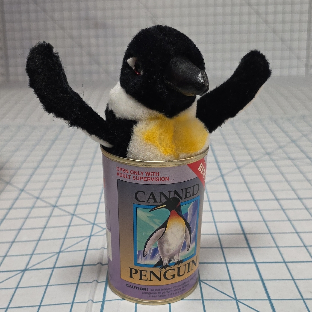 Canned Penguin (NG-1819), Plush Penguin in Novelty Can, Preloved